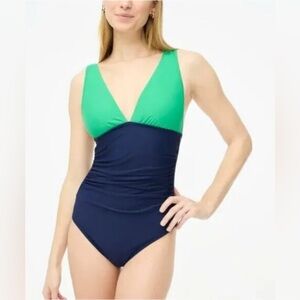 NWOT J. Crew Swimsuit V Neck Ruched One Piece Green and Navy Color Block Sz L